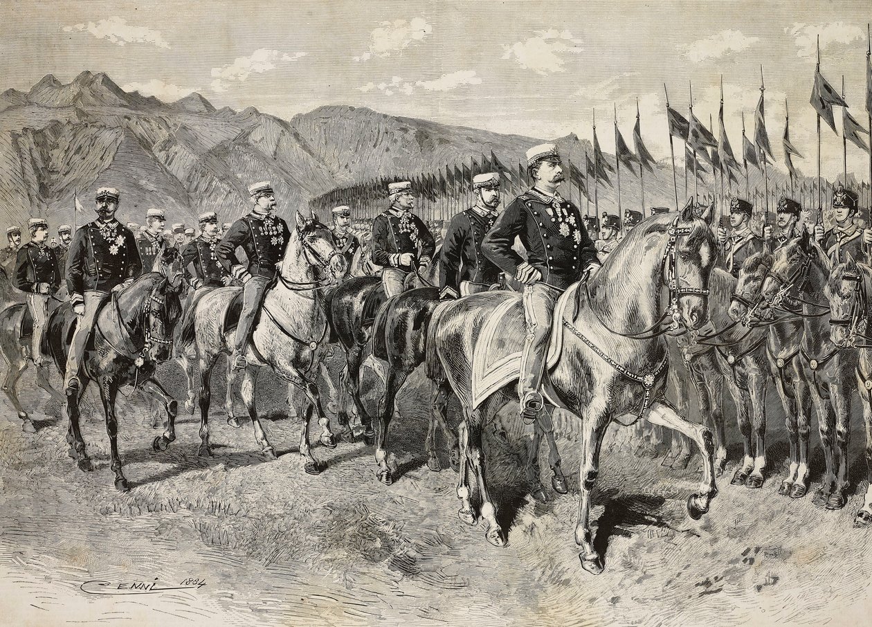 Le roi Umberto I inspecte les lanciers de Florence, avec le général Martin di Montu derrière lui, 28 septembre, exercices de cavalerie à Pordenone, Italie, gravure d