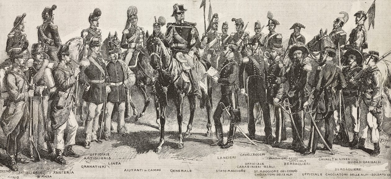 Armée piémontaise en 1859 : fantassins, artilleurs, ingénieurs, grenadiers, officiers, généraux, lanciers, cavaliers, tireur, gravure d