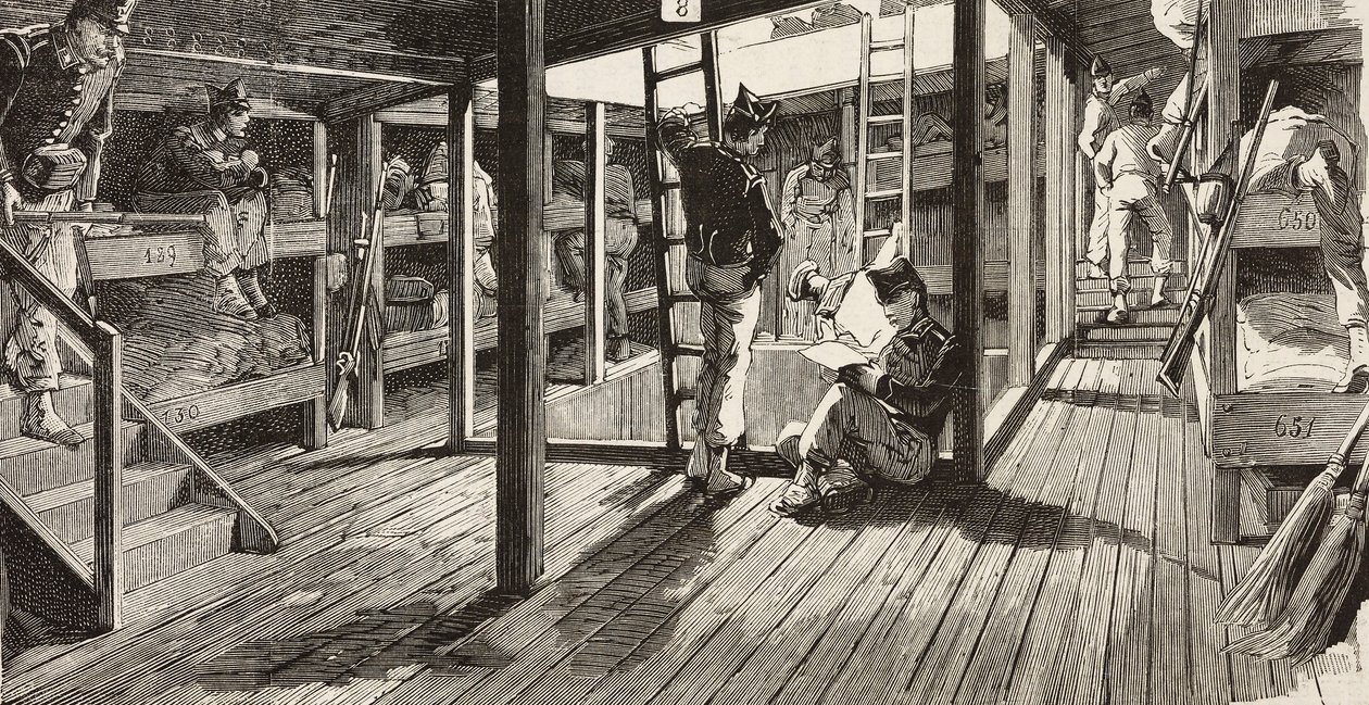 Soldats sous le pont dans le dortoir, navire Principe Amedeo, expédition italienne en mer Rouge, Italie (gravure) - Quinto Cenni
