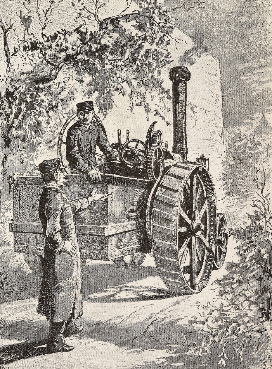 Deux ingénieurs militaires italiens sur une locomotive routière, dans leurs nouveaux uniformes, gravure d