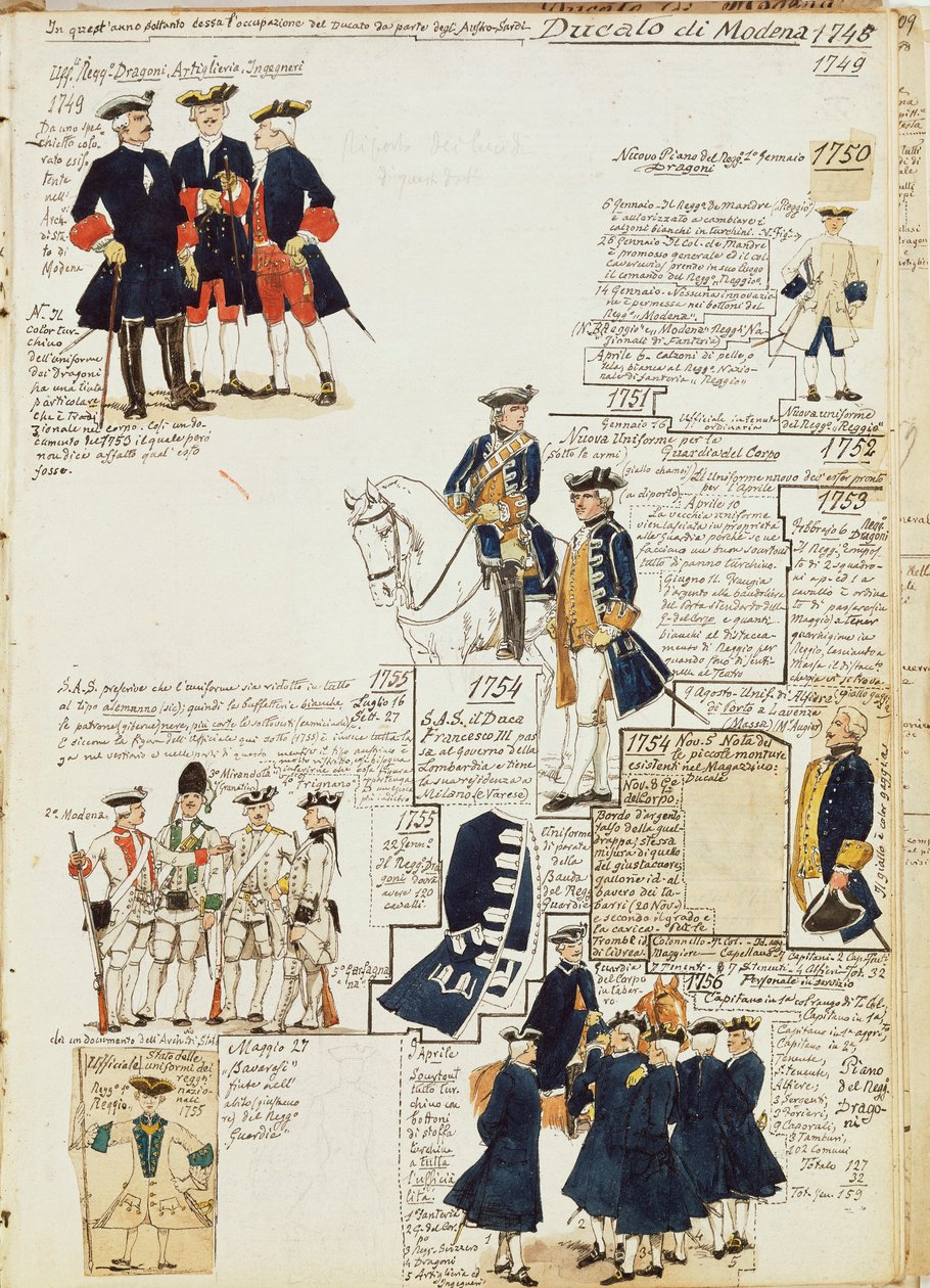 Divers uniformes du Duché de Modène par Quinto Cenni, planche en couleur - Quinto Cenni