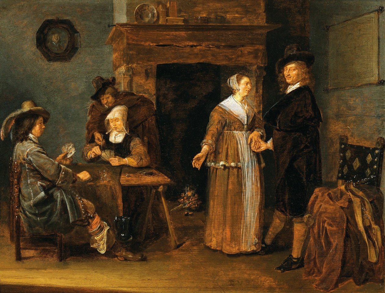 French : "Société décontractée", deux femmes et trois hommes à la table de cartes Interior with card players - Quirijn van Brekelenkam
