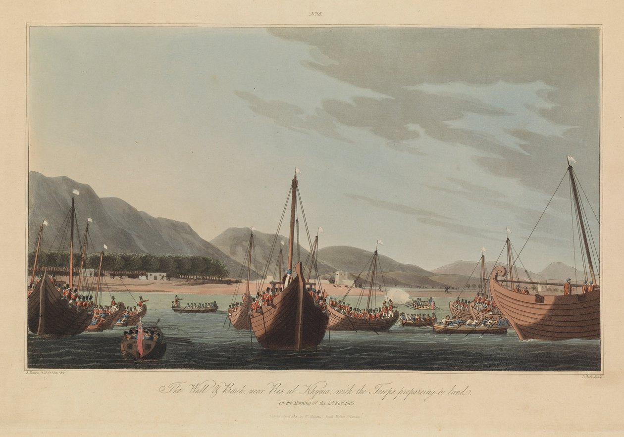 Seize vues de lieux dans le golfe Persique contre les pirates arabes - R. (after) Temple