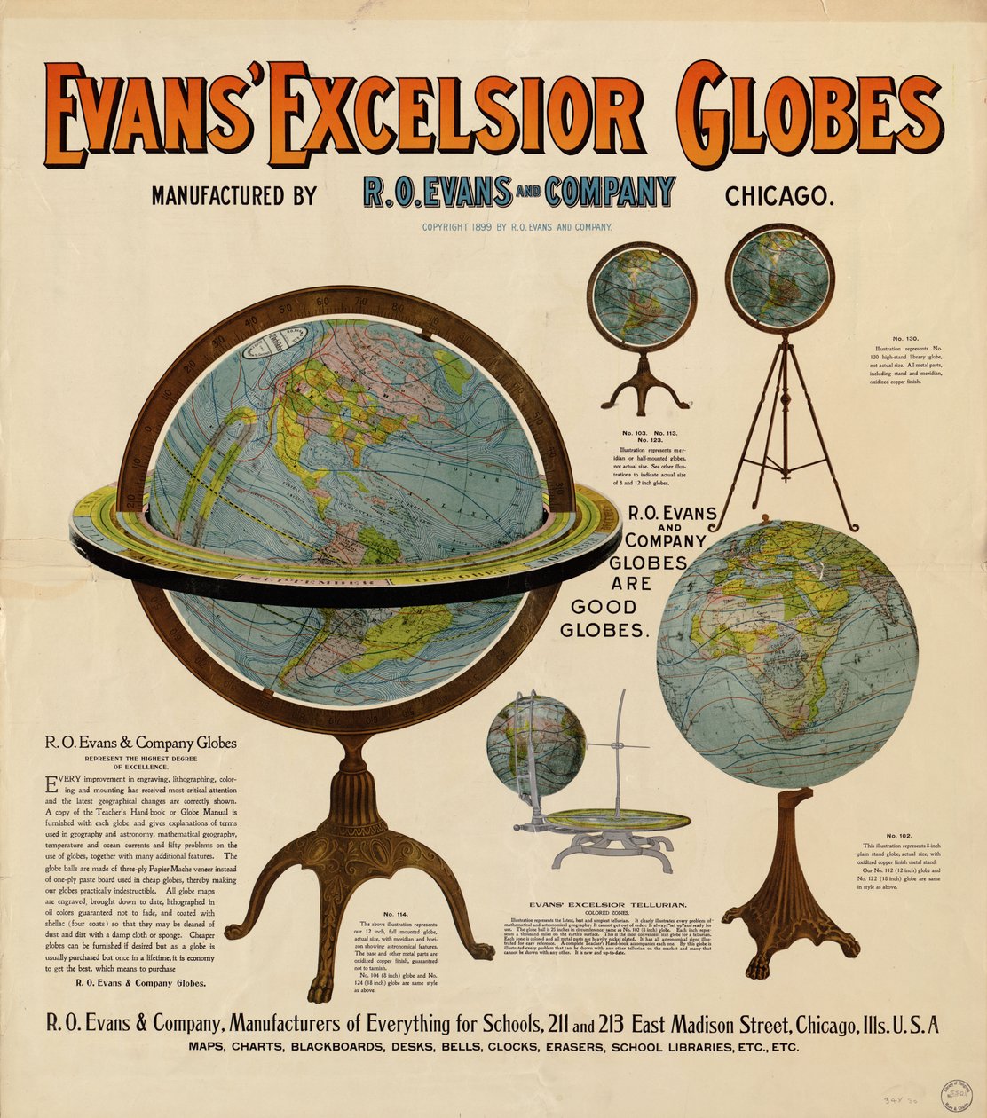 Affiche publicitaire pour des globes avec représentations de 5 globes et du texte descriptif - R. O. Evans And Company