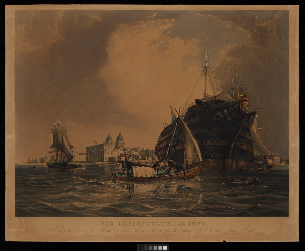 Le Dreadnought 104 canons, navire-hôpital pour marins de toutes nations, amarré sur la Tamise au large de Greenwich, 20 juin 1831 - R. W. Price