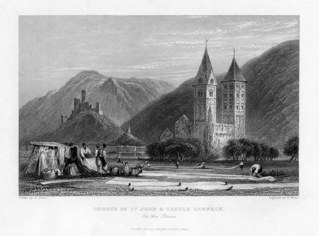 Église Saint-Jean et château Lahneck sur le Rhin, 1838 - R. Wallis