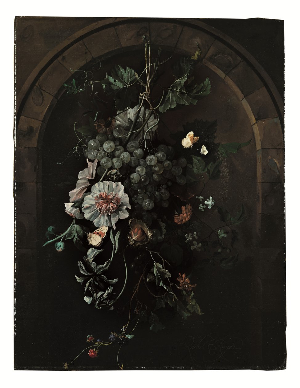 Une guirlande de raisins, roses trémières, iris, mauves, soucis africains, clématites, marrons d