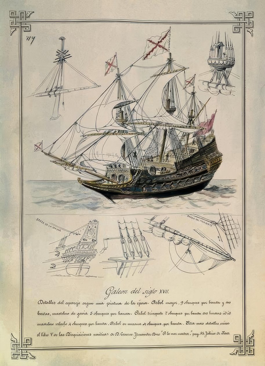 Galion du XVIIe siècle dans un dessin du XIXe siècle - Rafael Monleon y Torres