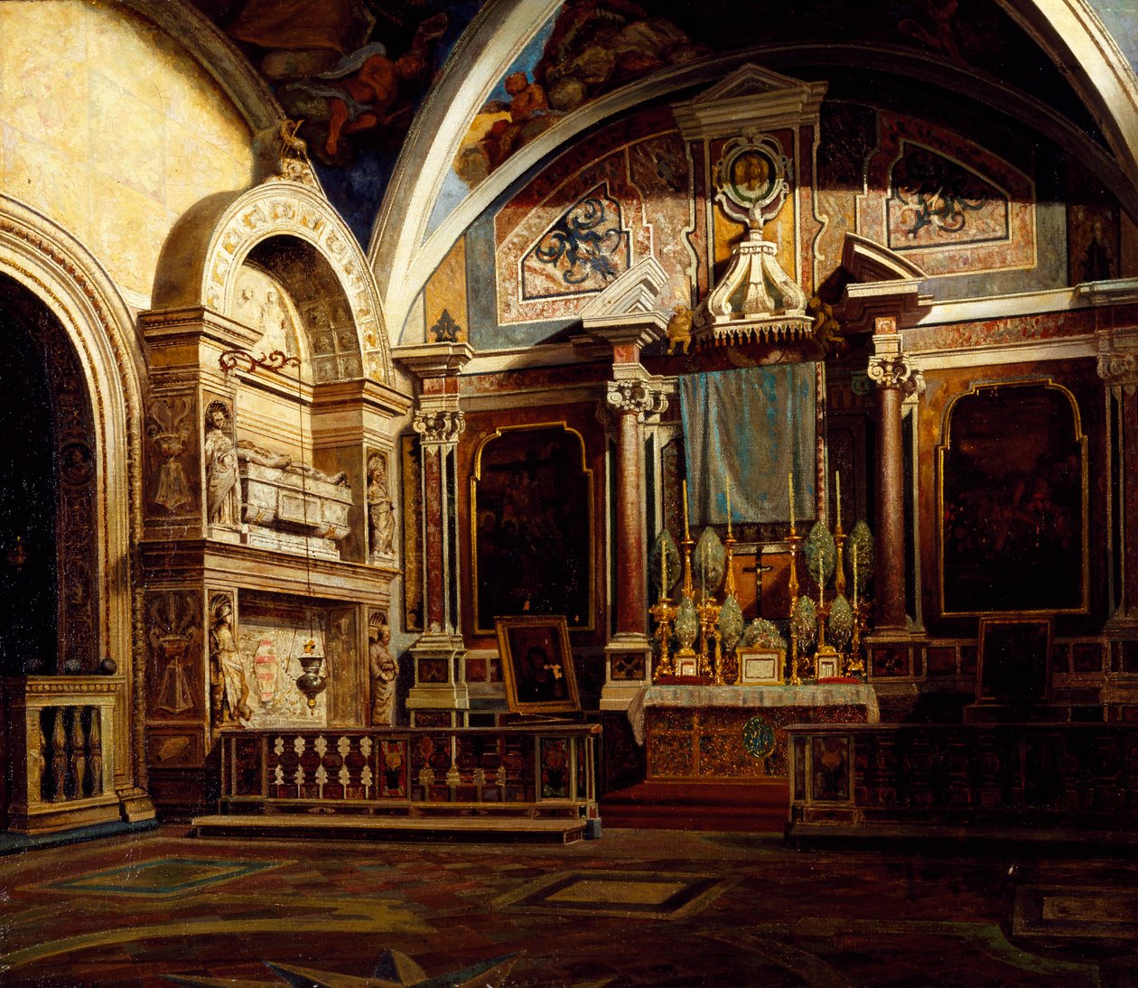 Intérieur de San Domenico Maggiore, par Raffaele Armando Califano Mundo (1857-1930), huile sur toile, 50x70 cm. - Raffaele Armando Califano Mundo