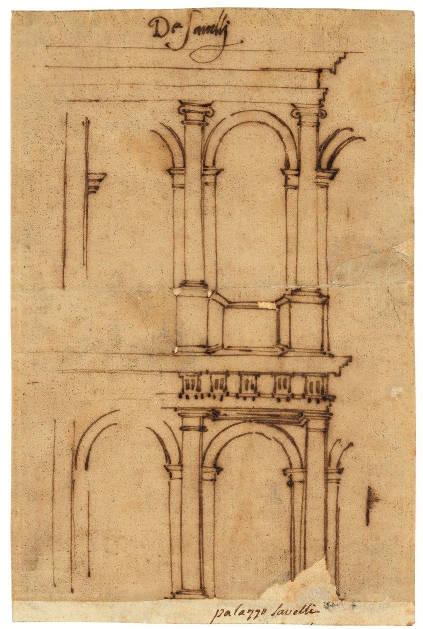Esquisse du théâtre de Marcellus, Rome (plume et encre brune, sur papier calque huilé) - Raffaello da Montelupo