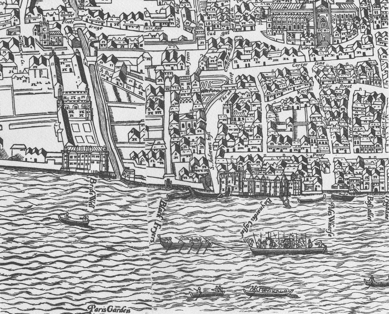Détail de la Tamise et de la cathédrale Saint-Paul de Civitas Londinium - Ralph Agas