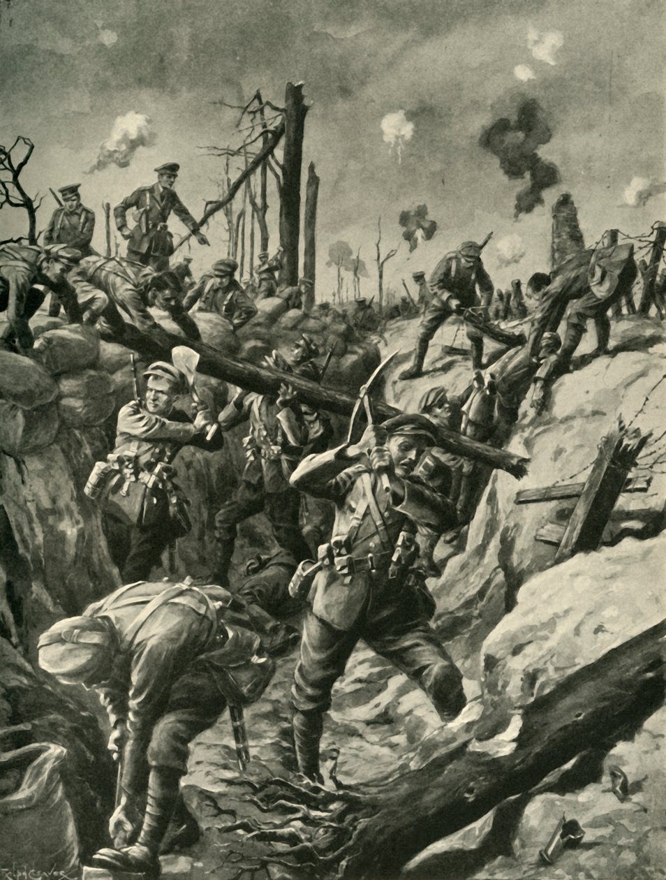 Soldats britanniques dans une tranchée allemande, Front occidental, Première Guerre mondiale, vers 1915 - Ralph Cleaver