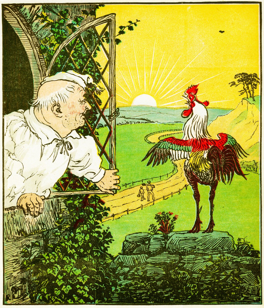 "Voici le coq qui a chanté le matin, qui a réveillé le juge tout rasé et tondu", illustration de La Maison que Jack a construite - Randolph Caldecott