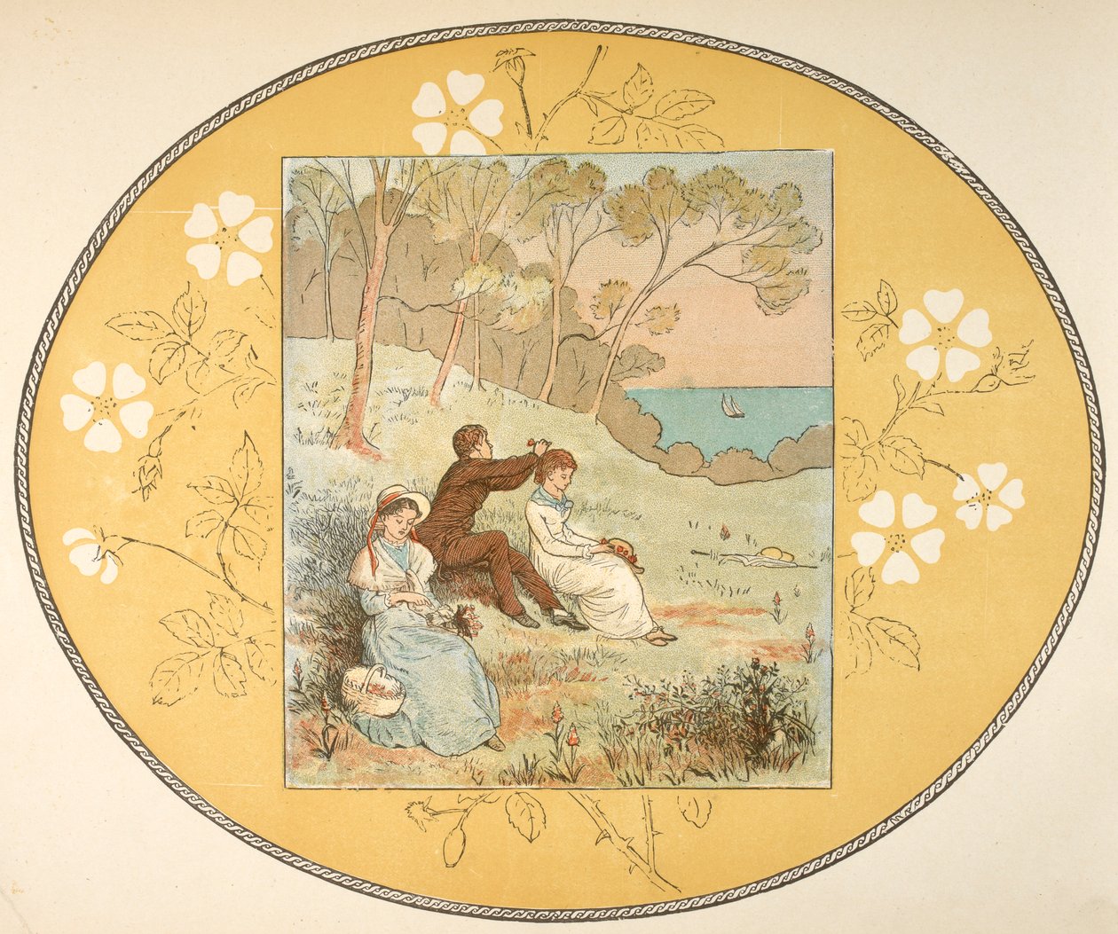 Deux femmes et un homme assis dans une clairière près de la côte. Bordure florale. - Randolph Caldecott