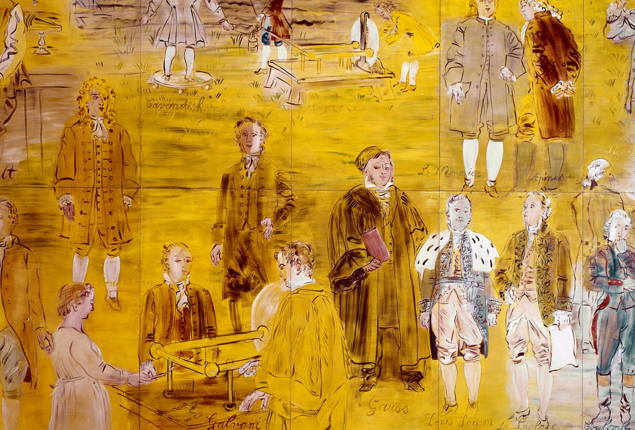 La Fee Electricite, détail : Portraits de différents scientifiques : Henry Cavendish, Le Monnier, Franz Aepinus, Denis Papin, Joseph Priestley, Luigi Galvani, Carl Friedrich Gauss, Siméon-Denis Poisson, Pierre Simon de Laplace et Charles de Coulomb. 1937 ( - Raoul Dufy