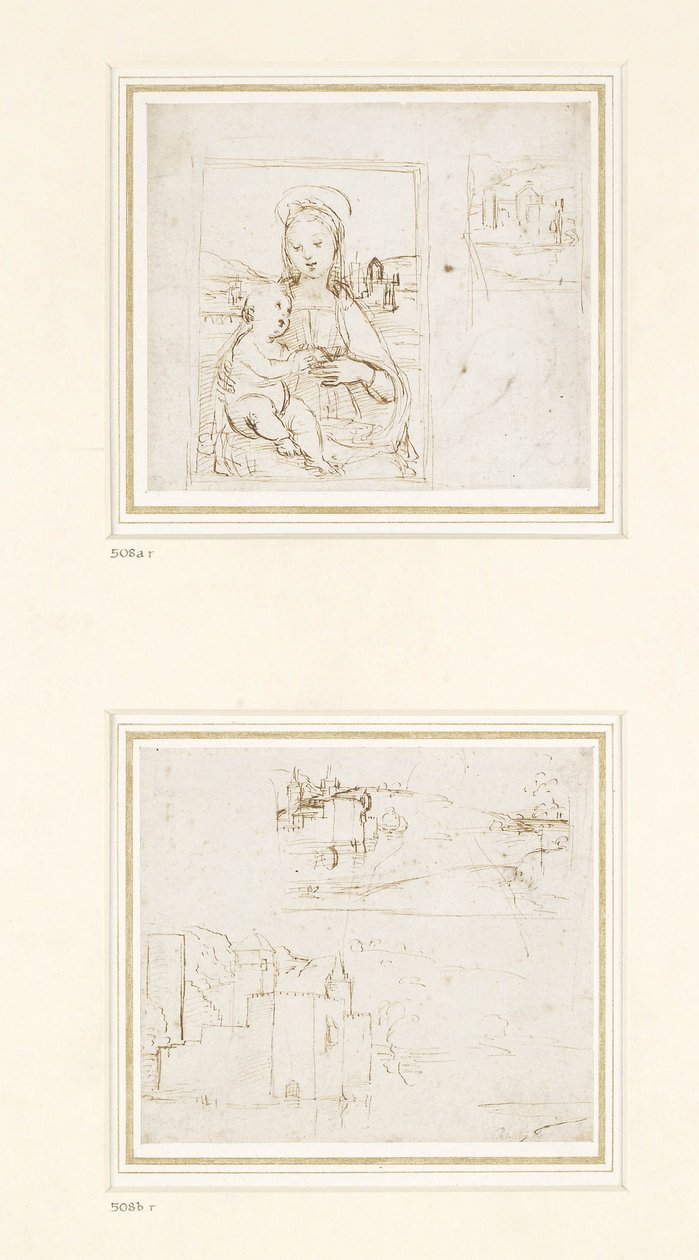 Esquisse de paysage avec une brève étude de la tête de la Vierge Marie tournée vers la gauche, 1500-1504 (plume et encre brune sur métalpoint sur papier blanc) - Raffaello Sanzio Raphael