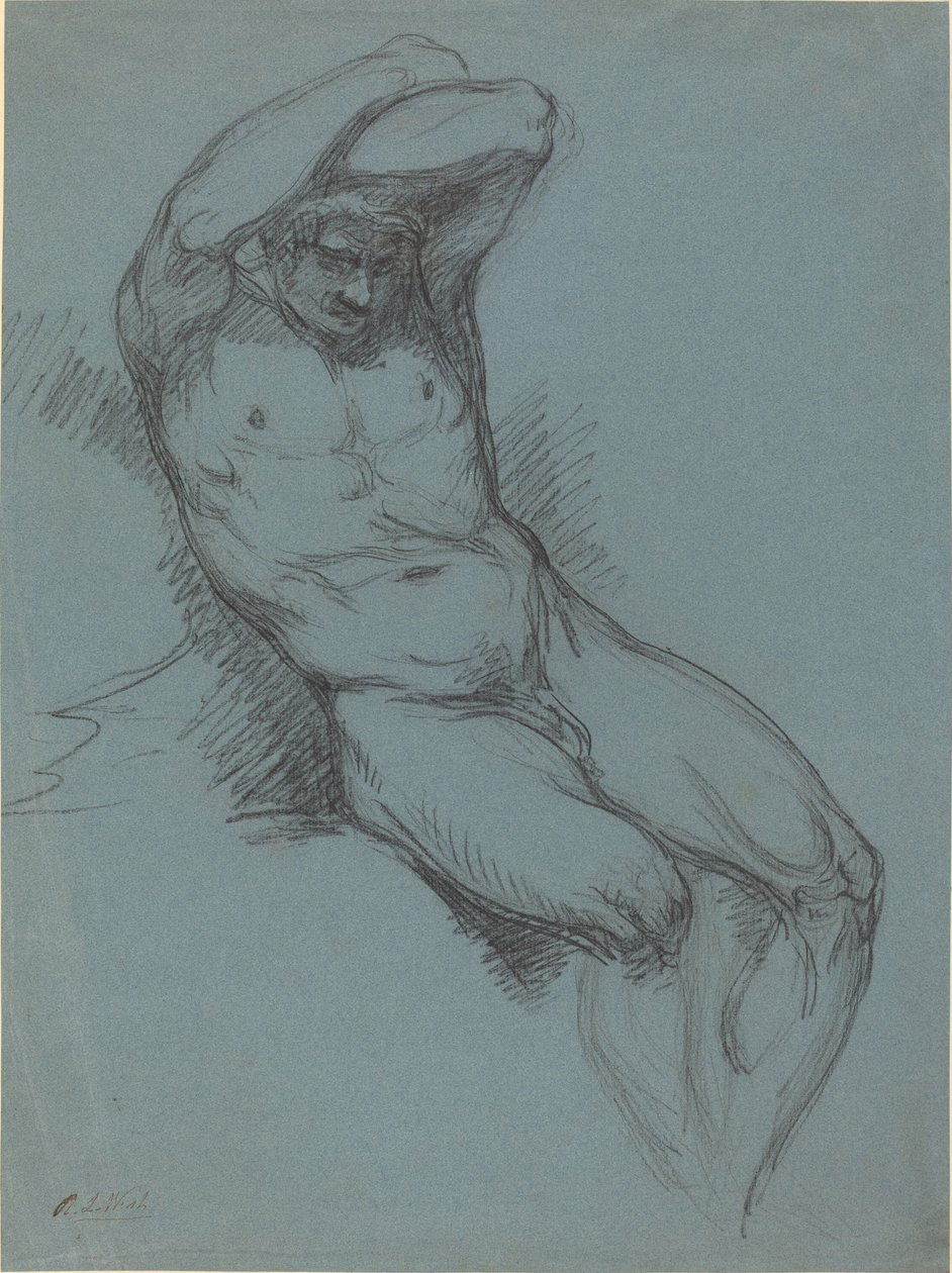 Un homme nu assis avec les mains croisées sur la tête - Raphael Lamar West