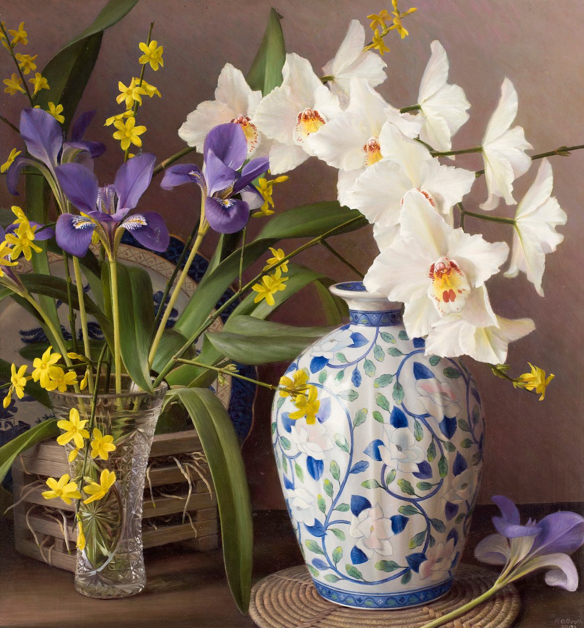 Orchidée avec vase japonais (huile sur panneau) - Raymond Booth