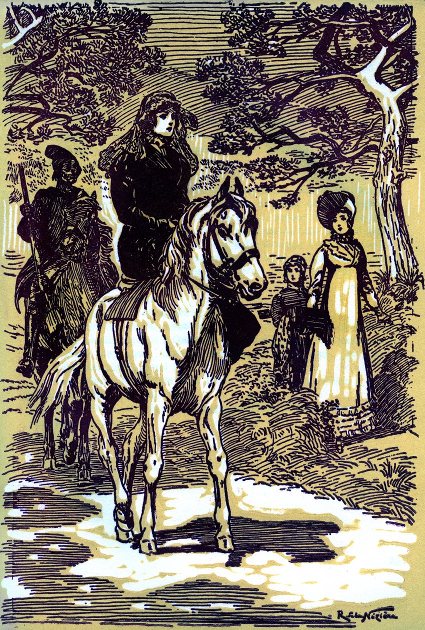 Colomba en robe de deuil, à cheval, suivie par un paysan corse - Raymond de la Neziere