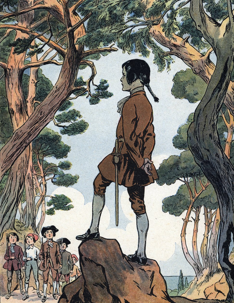 Napoléon Bonaparte (1769-1821) enfant à Ajaccio, Corse (Jeune Napoléon Bonaparte à Ajaccio, Corse) Illustration de Raymond de Neziere dans "Nos gloires nationales" 1920 Collection privée DR - Raymond de la Neziere