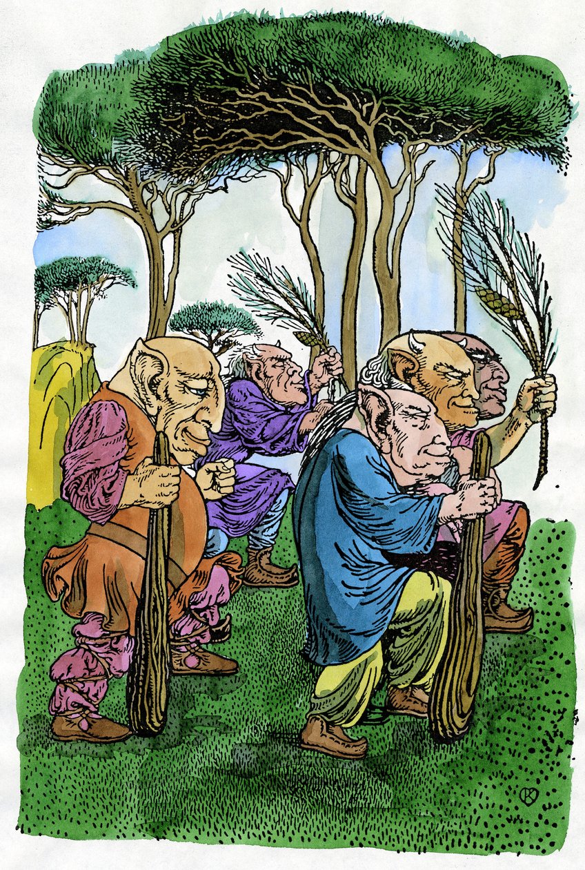 Fables : un groupe de trolls se retrouve dans la forêt pour accomplir un rite magique, illustration de Reginald L. Knowles pour la collection de fables norvégiennes "Norse Fairy Tales" de P.C. Asbjornsen et J.I. Moe. - Reginald Knowles