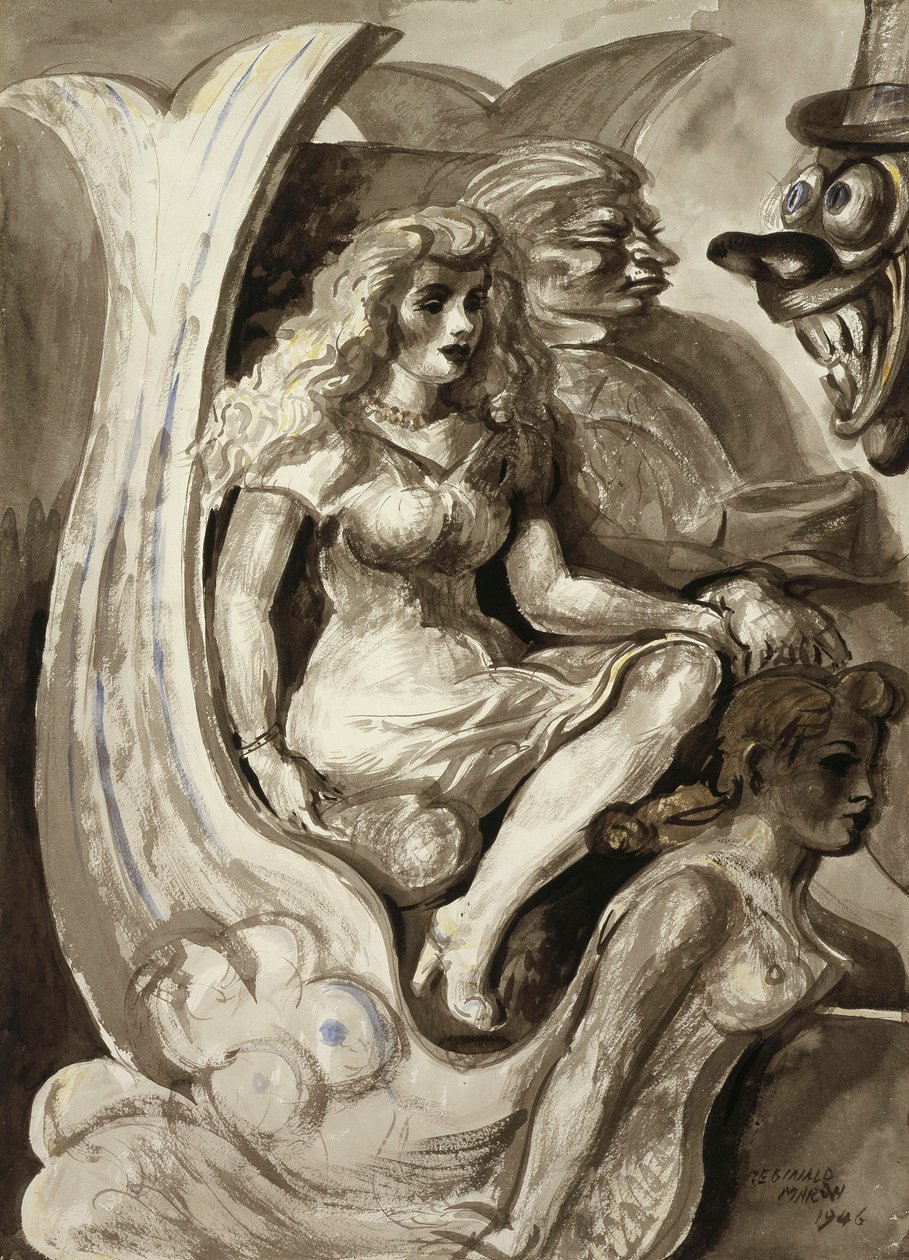 Des cavaliers dans un bateau-tunnel de sirène : Une aquarelle recto-verso - Reginald Marsh