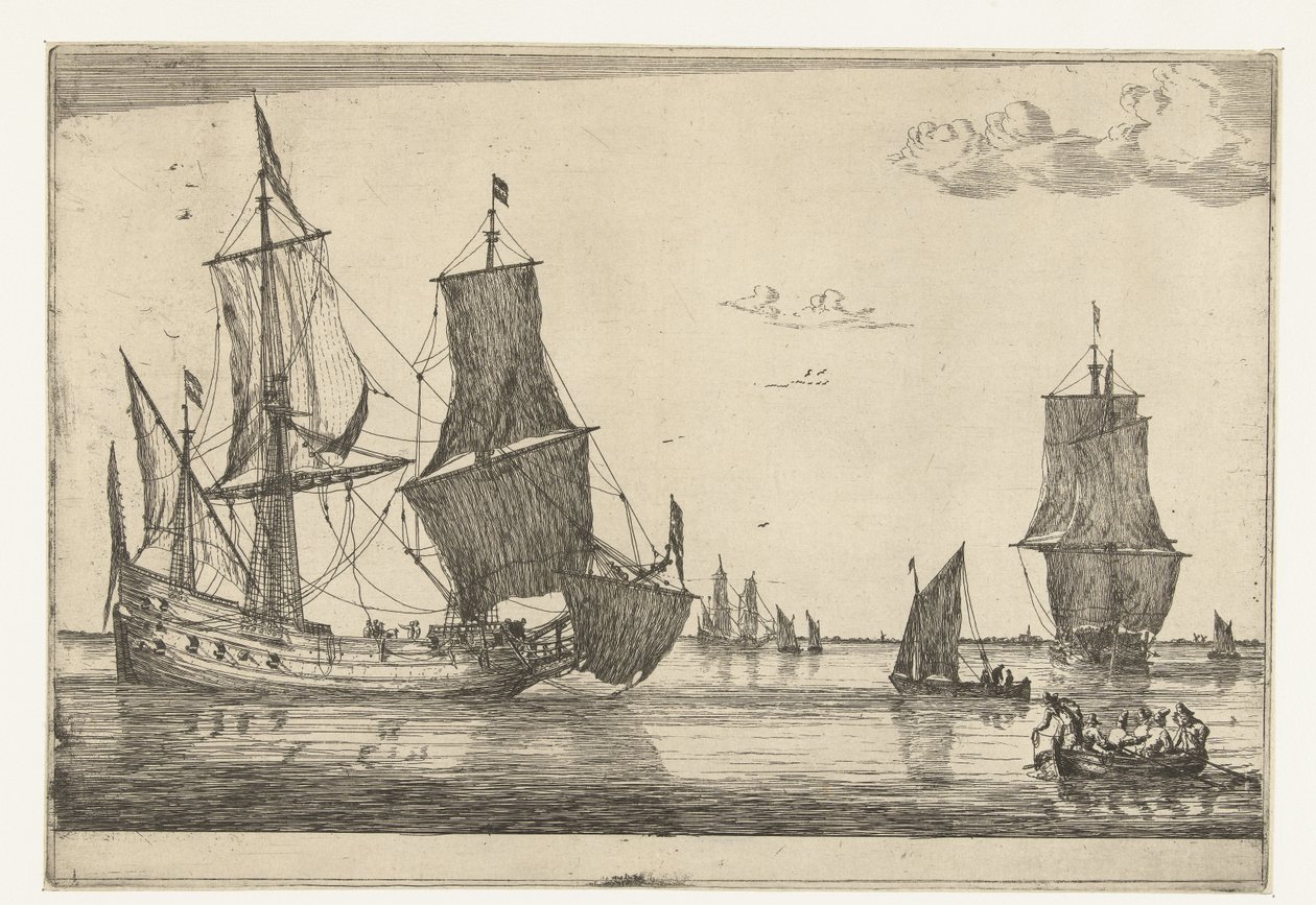 Eaux intérieures avec un fluitschip (Dertien scènes met schepen) - Reinier Nooms