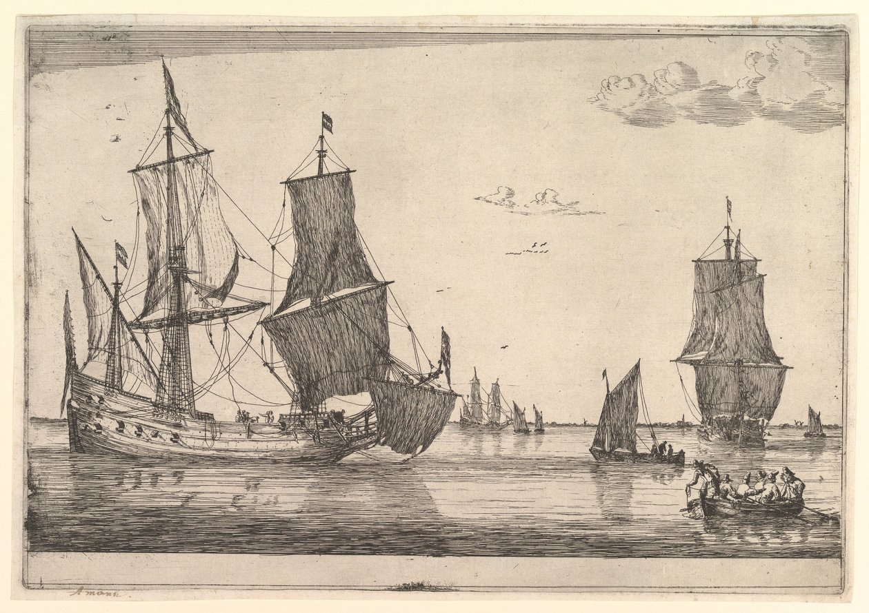 Grand voilier et bateau à rames, 17ème siècle. - Reinier Zeeman
