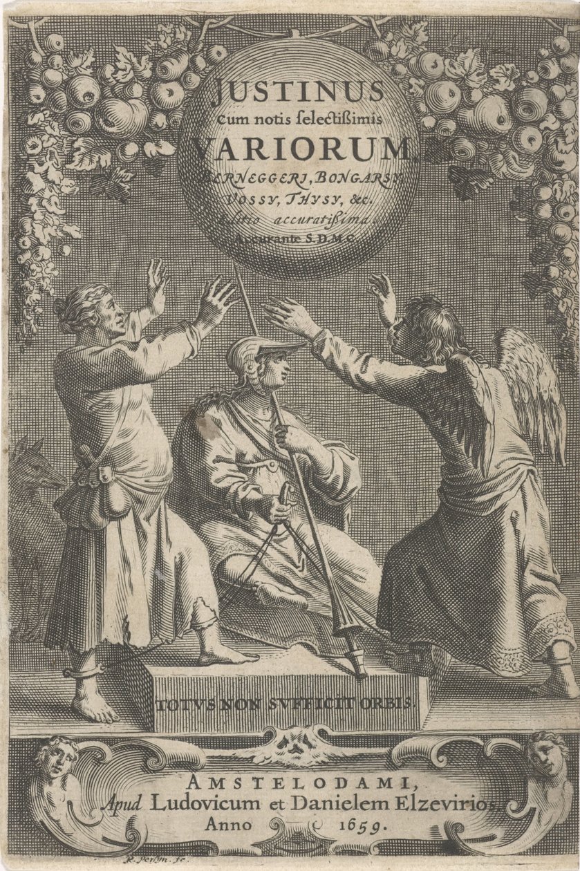 Minerva et deux figures enchaînées, page de titre pour : A. Thysius, Justinus cum notis selectissimis variorum Berneggerj, Bongarsy, Vossy, Thysy, etc., 1659 - Reinier van Persijn