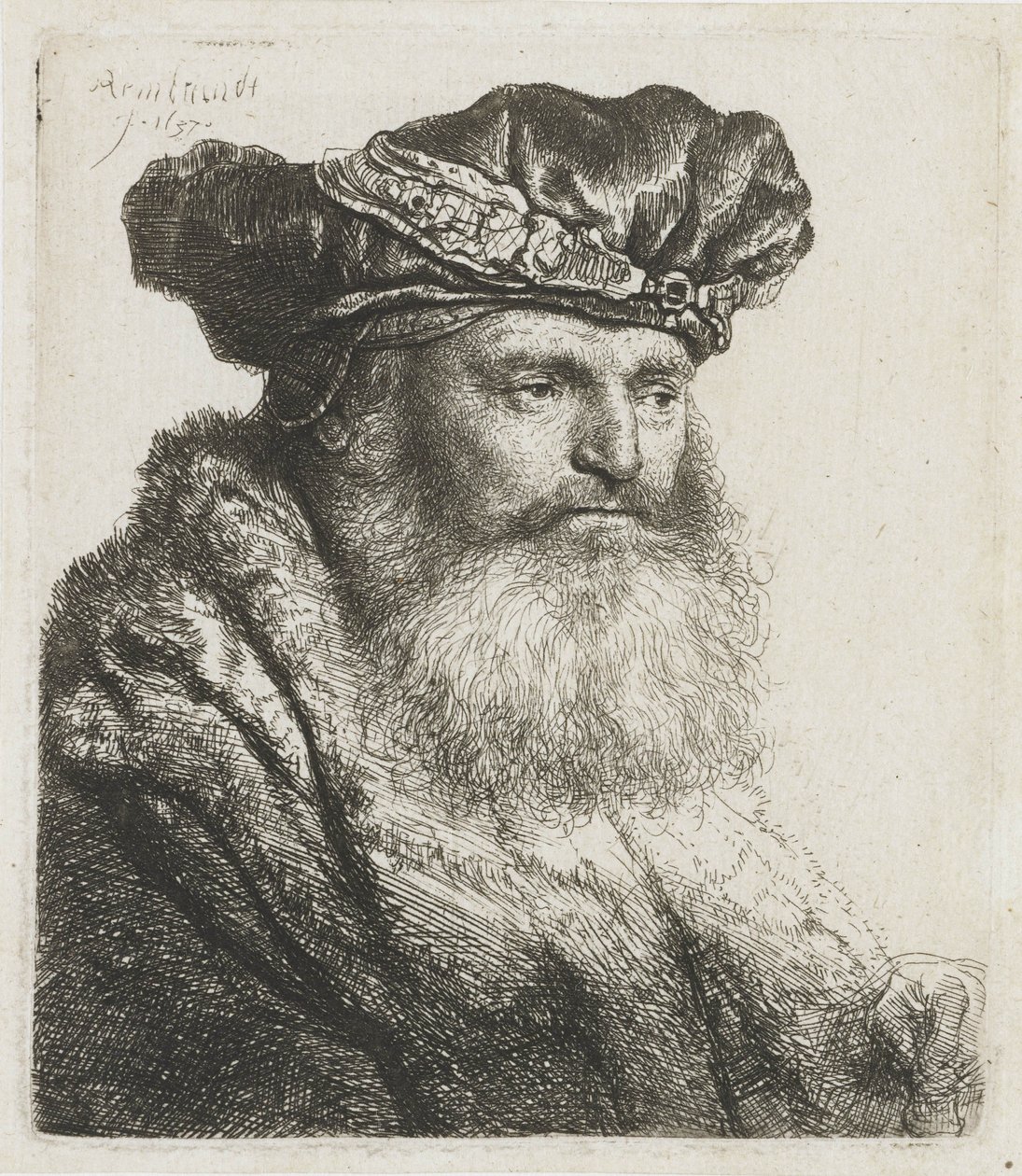 Homme barbu avec un béret de velours avec une attache ornée de bijoux, 1637 - Rembrandt van Rijn