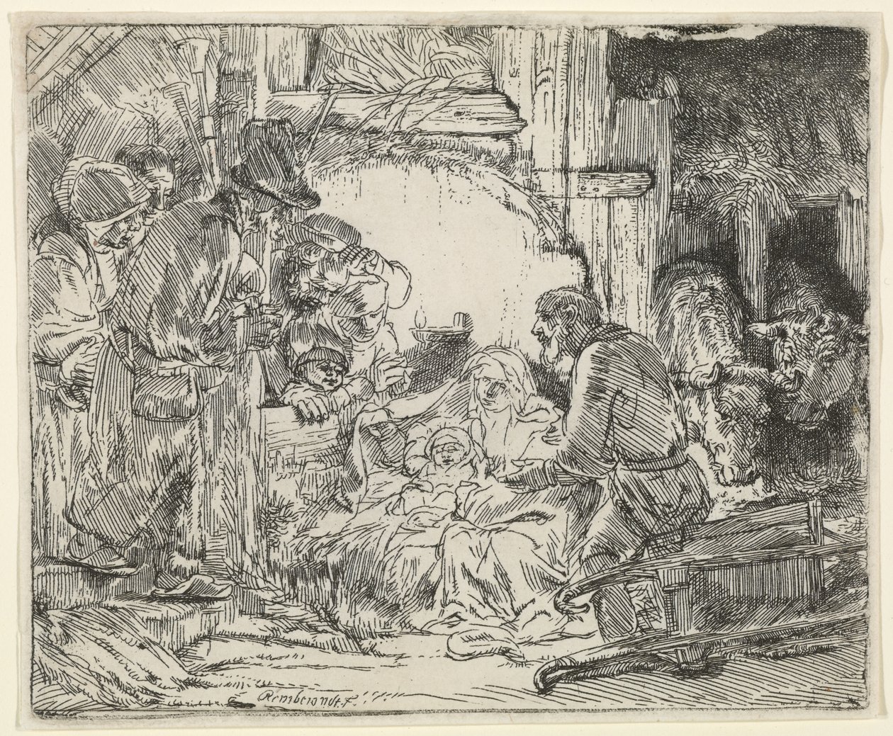 Adoration des bergers, avec lampe - Rembrandt van Rijn