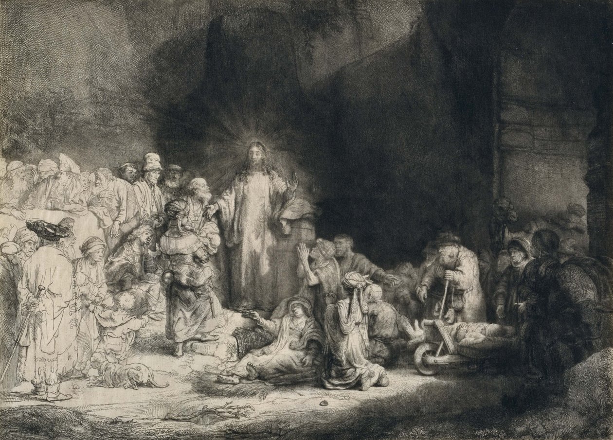 Le Christ avec les malades autour de lui, recevant les petits enfants (La gravure des cent florins) - Rembrandt van Rijn