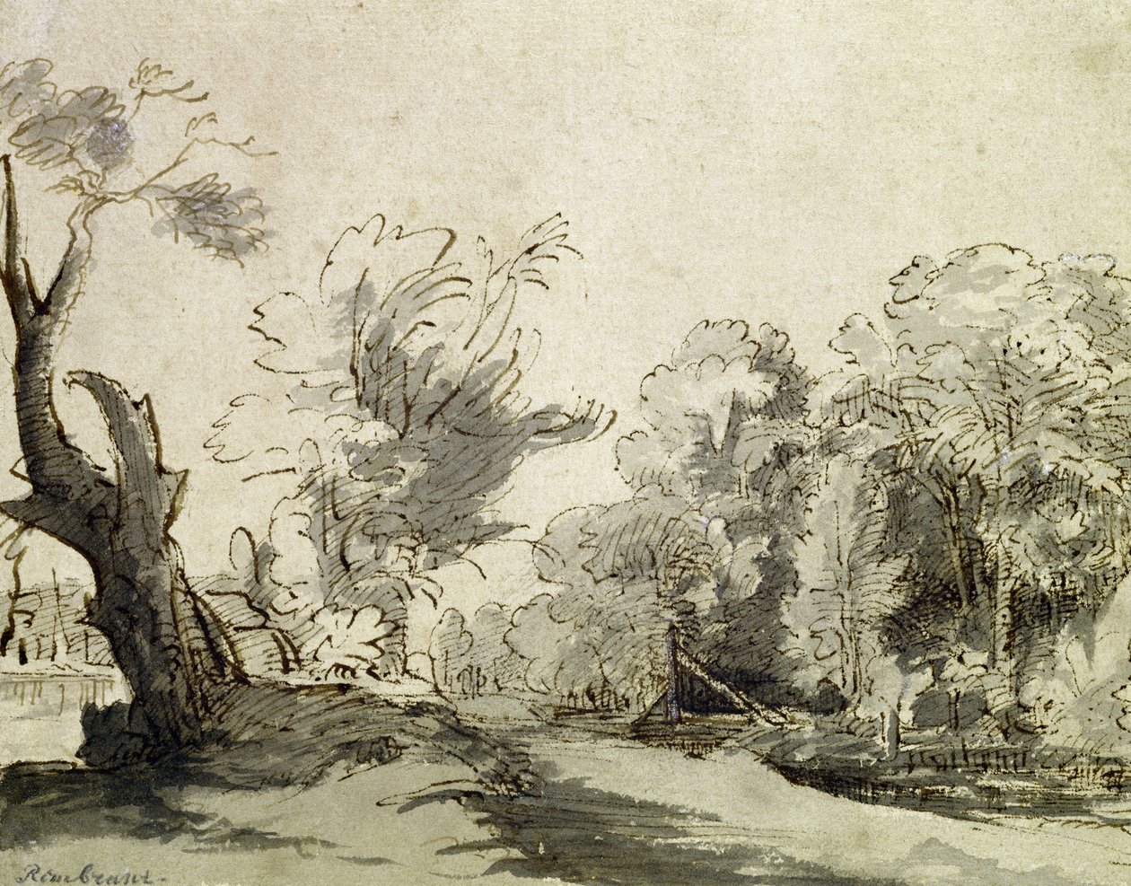 Paysage avec un chemin, un arbre presque mort à gauche et une passerelle menant à une ferme à droite (plume, encre et lavis sur papier) - Rembrandt van Rijn