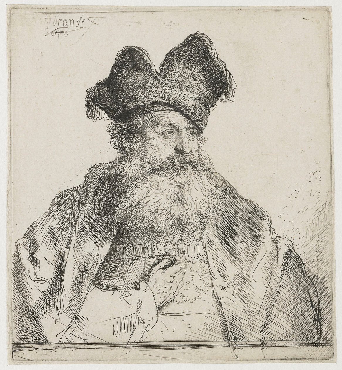 Vieil homme avec un bonnet de fourrure divisé - Rembrandt van Rijn