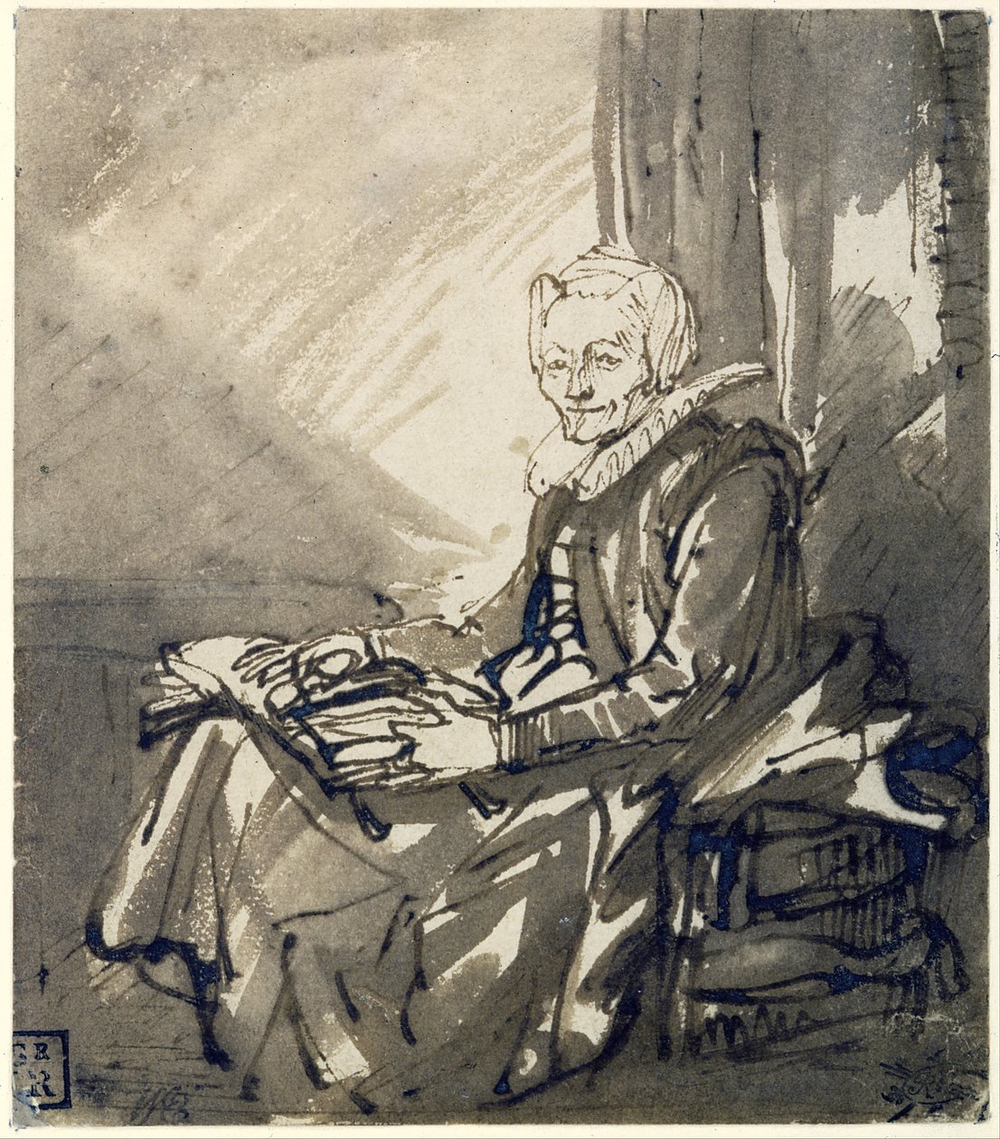 Femme assise avec un livre ouvert sur ses genoux - Rembrandt van Rijn