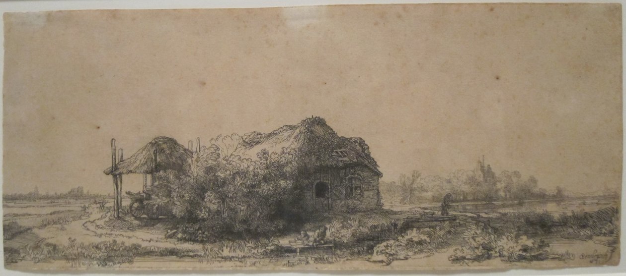 Paysage avec chalet et Haybam" par Rembrandt, 1641, eau-forte et pointe sèche, Musée d