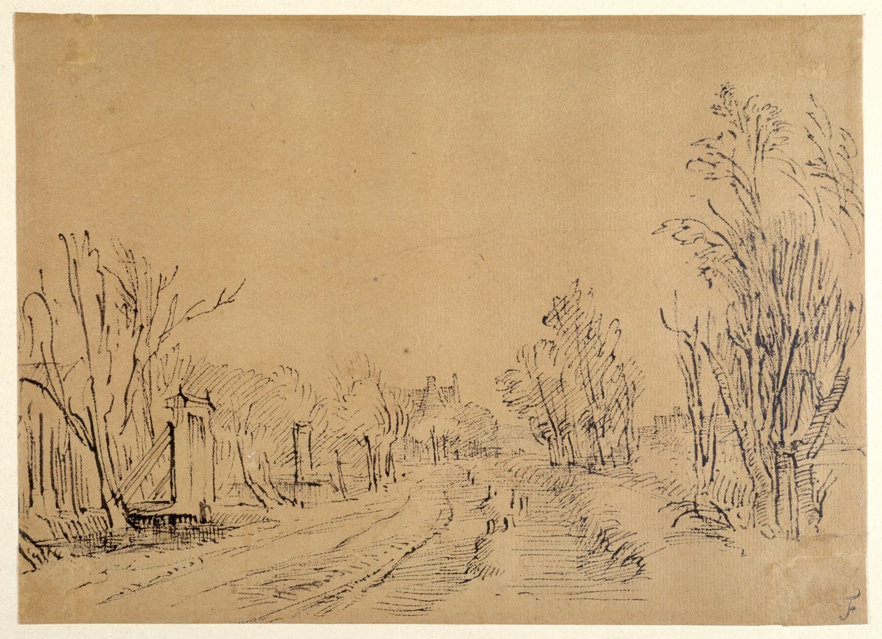 Une route principale menant à une maison à travers les arbres (deux ponts et accès à la digue) - Rembrandt Harmensz. van Rijn