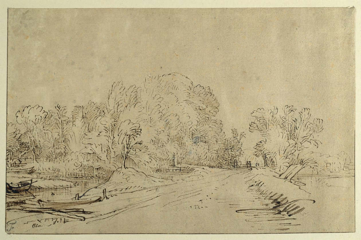 Canal avec bateaux, une route de digue et des arbres - Rembrandt Harmensz. van Rijn