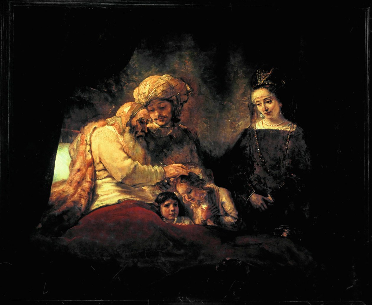 Jacob bénissant ses petits-enfants Ephraïm et Menassein en présence de leurs parents Joseph et Anasth (peinture sur toile) - Rembrandt Harmensz. van Rijn