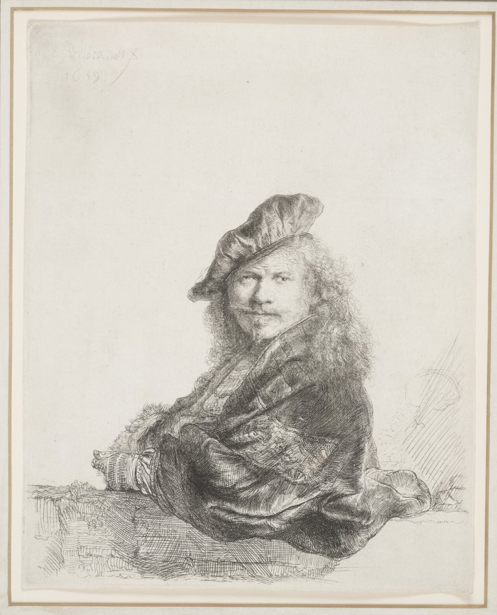 Rembrandt appuyé sur un rebord de pierre : demi-longueur