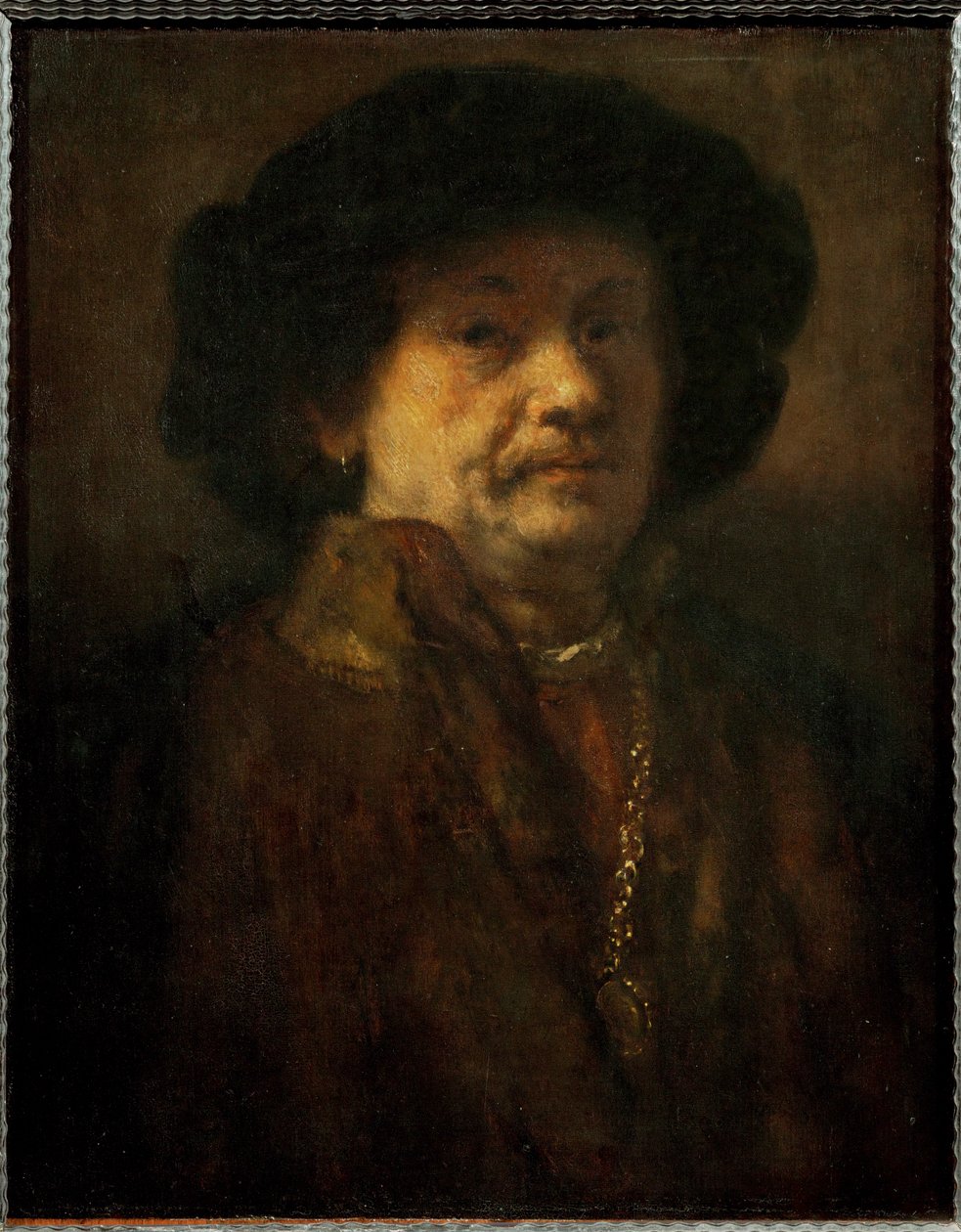 Rembrandt, autoportrait en manteau de fourrure avec chaîne en or et boucle d