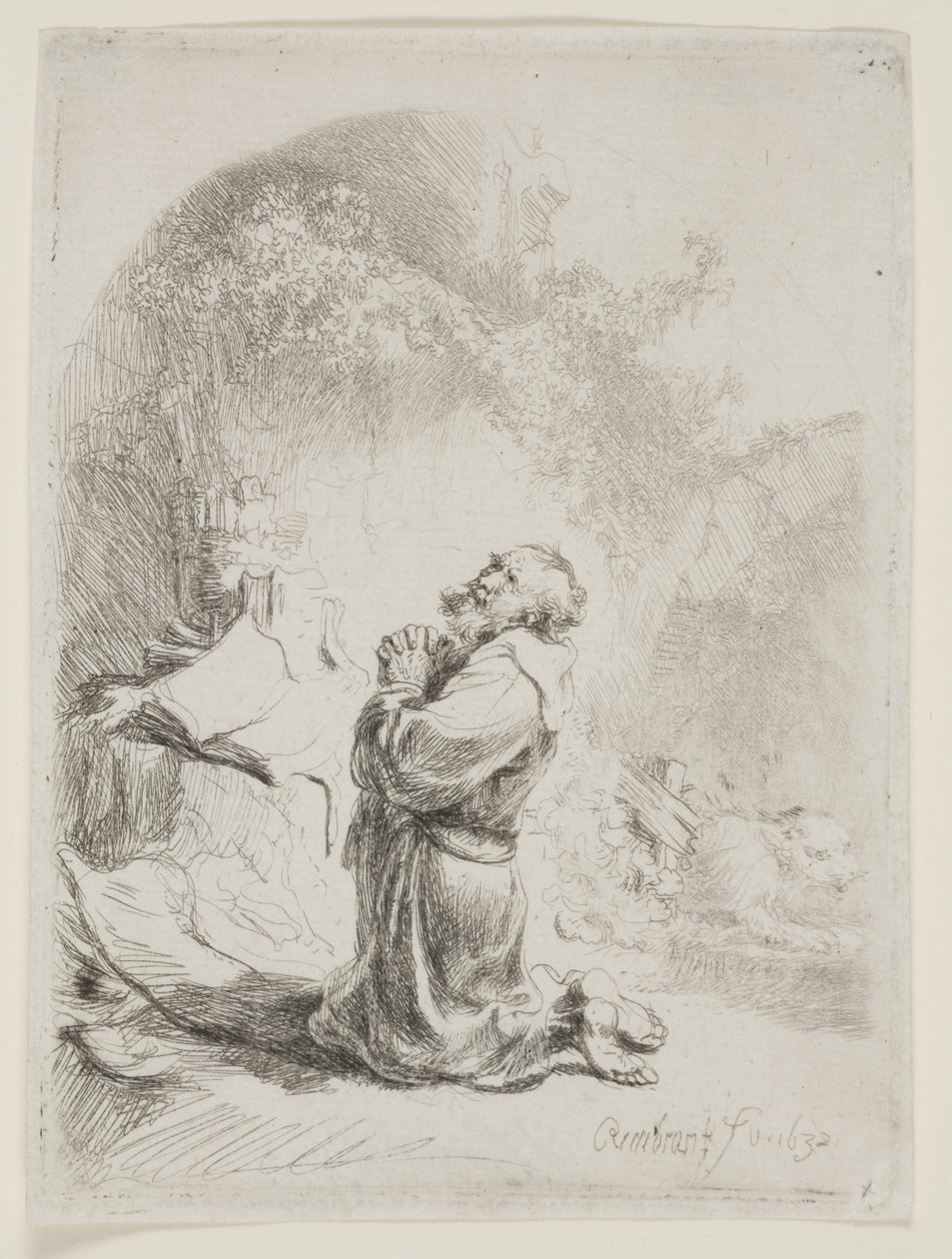 Saint Jérôme priant : Gravure en arche - Rembrandt van Rijn