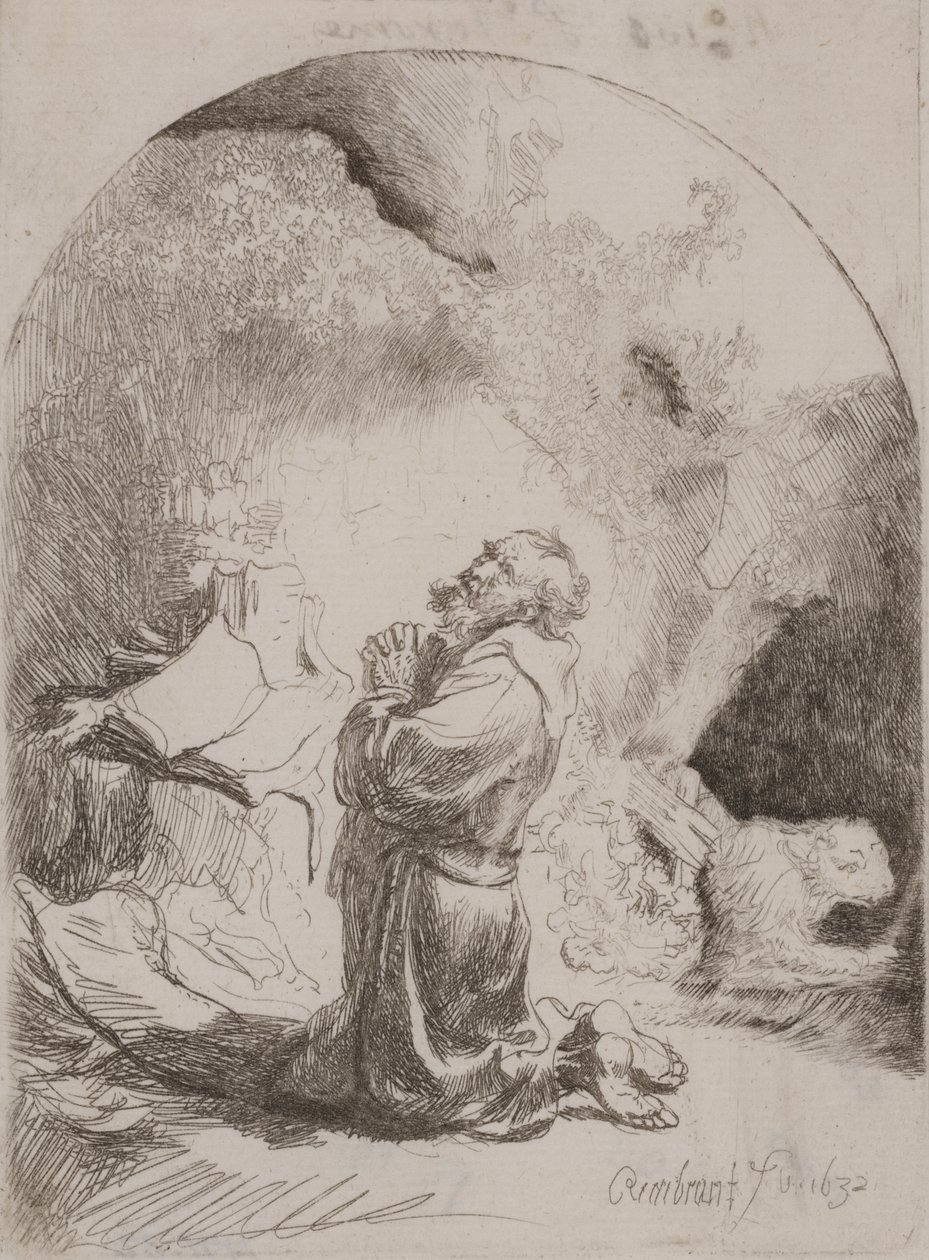 Saint Jérôme priant : Gravure en arche - Rembrandt van Rijn