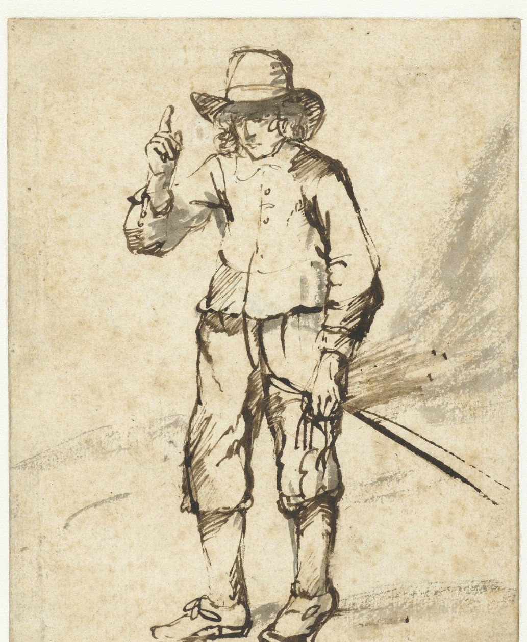 Garçon debout tenant un fouet et levant la main droite - Rembrandt van Rijn (school of)