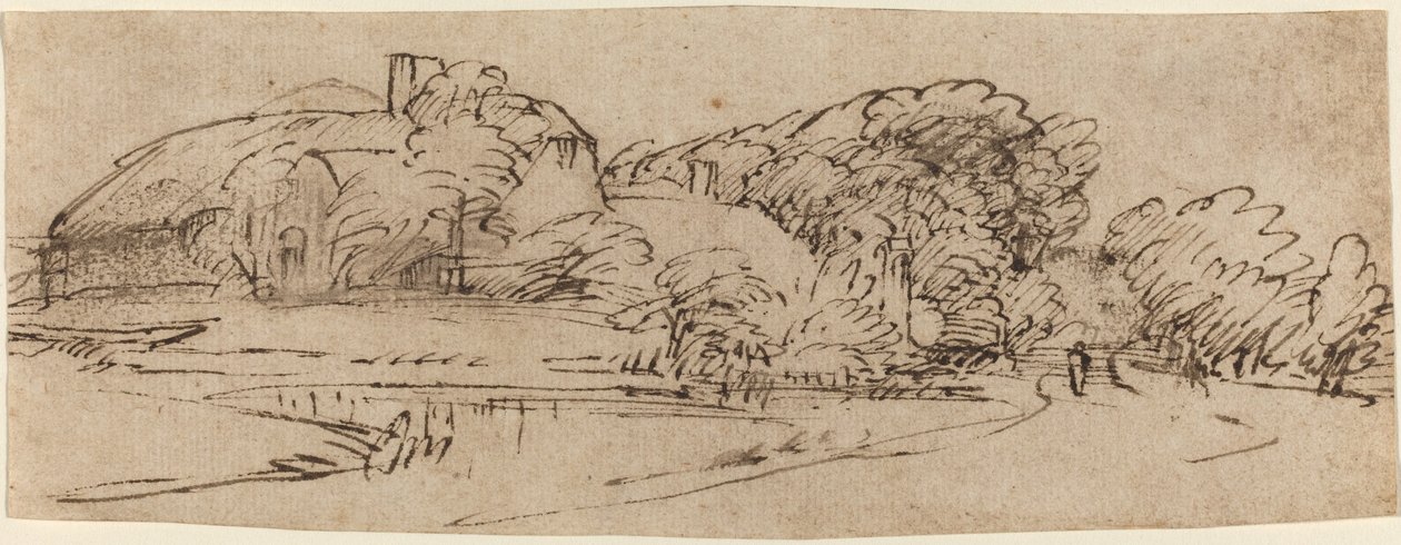 Paysage avec bâtiments de ferme parmi les arbres - Rembrandt van Rijn