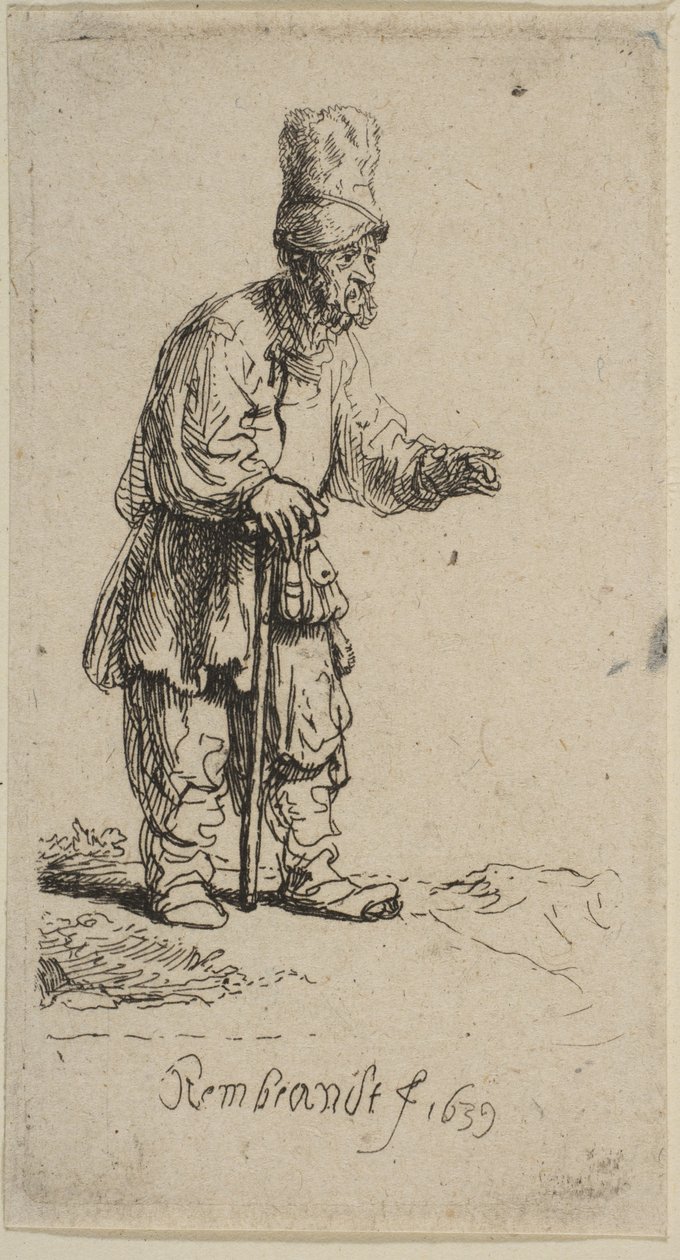 Un Paysan avec un Haut Chapeau, Debout Appuyé sur un Bâton, 1639 - Rembrandt van Rijn