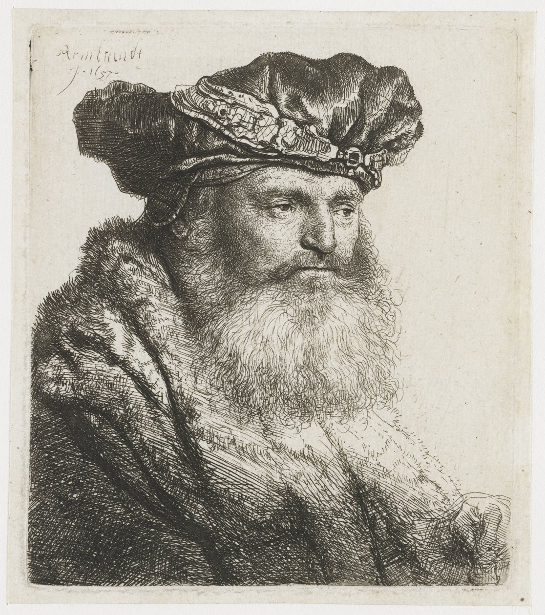 Homme barbu avec un chapeau de velours et une attache ornée de bijoux - Rembrandt van Rijn