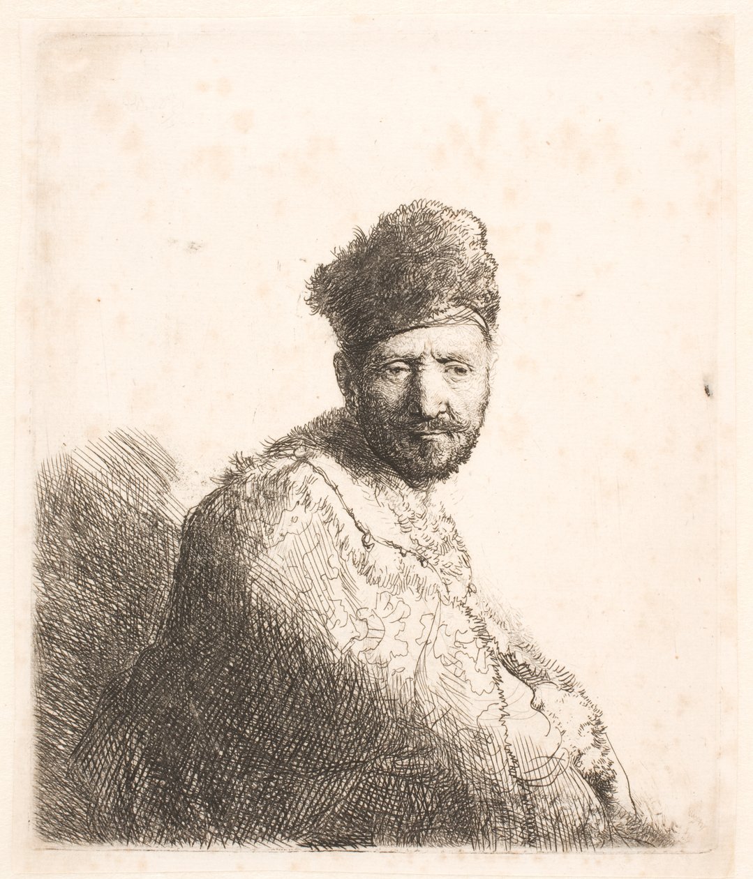 Homme barbu (le père de Rembrandt ) portant un bonnet oriental doublé de fourrure et une robe : portrait en demi-longueur - Rembrandt van Rijn
