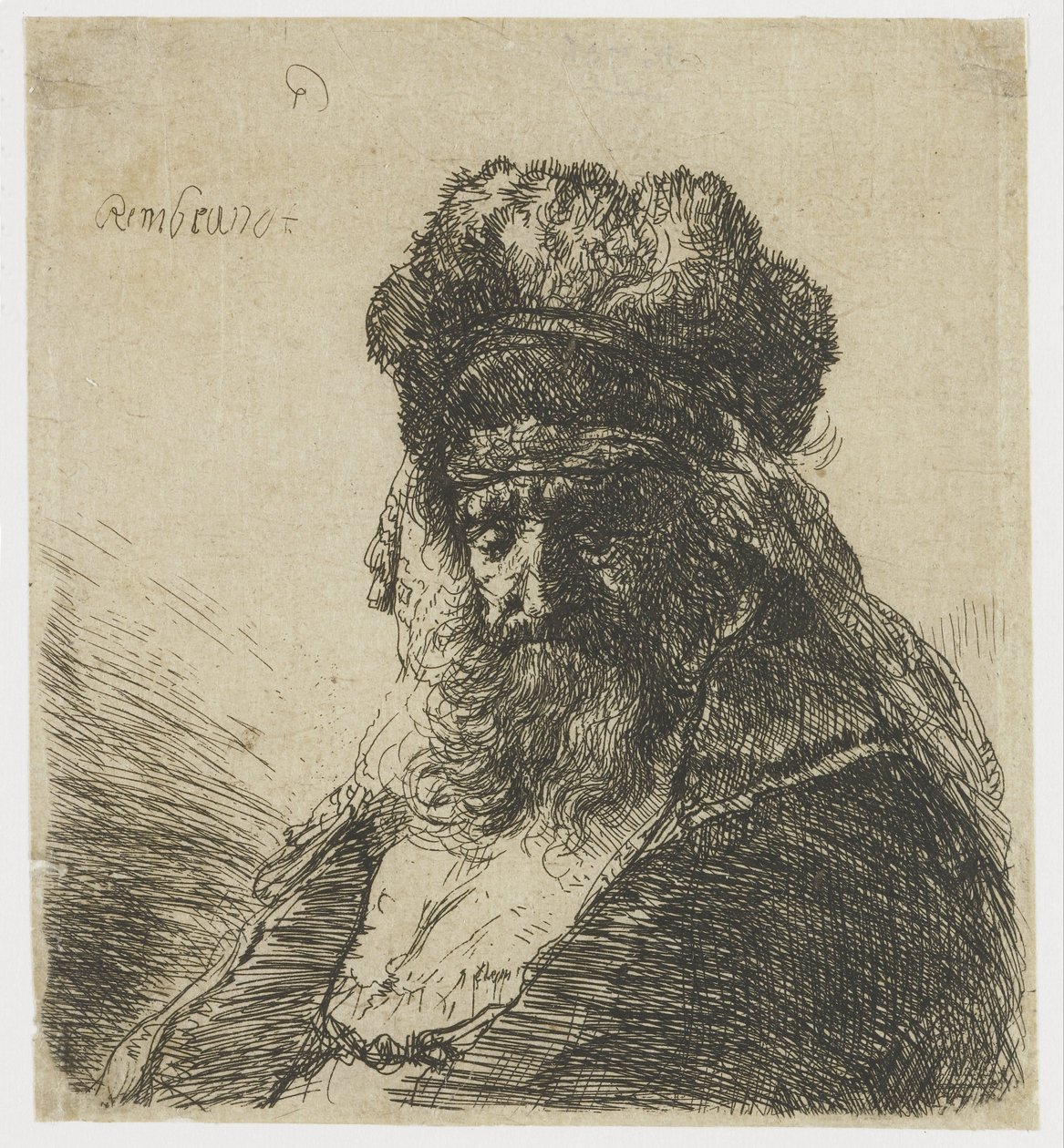 Vieil homme barbu avec un bonnet de fourrure, les yeux fermés - Rembrandt van Rijn
