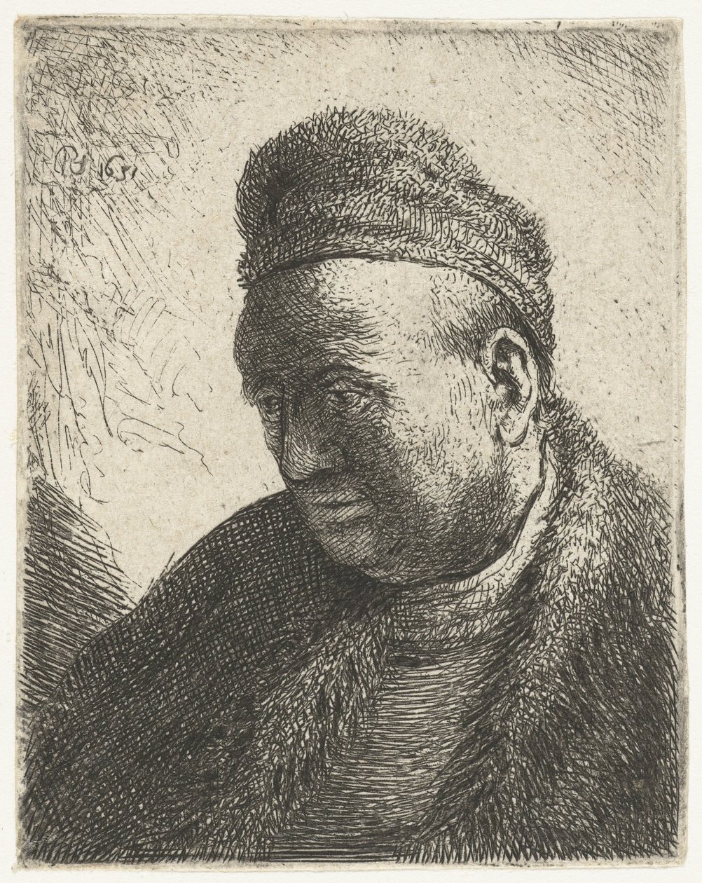 Homme sans barbe en manteau de fourrure et bonnet : buste - Rembrandt van Rijn